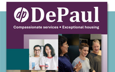 DePaul logo with Compassionate services • Exceptional housing tagline above photos of smiling people interacting in a friendly setting.