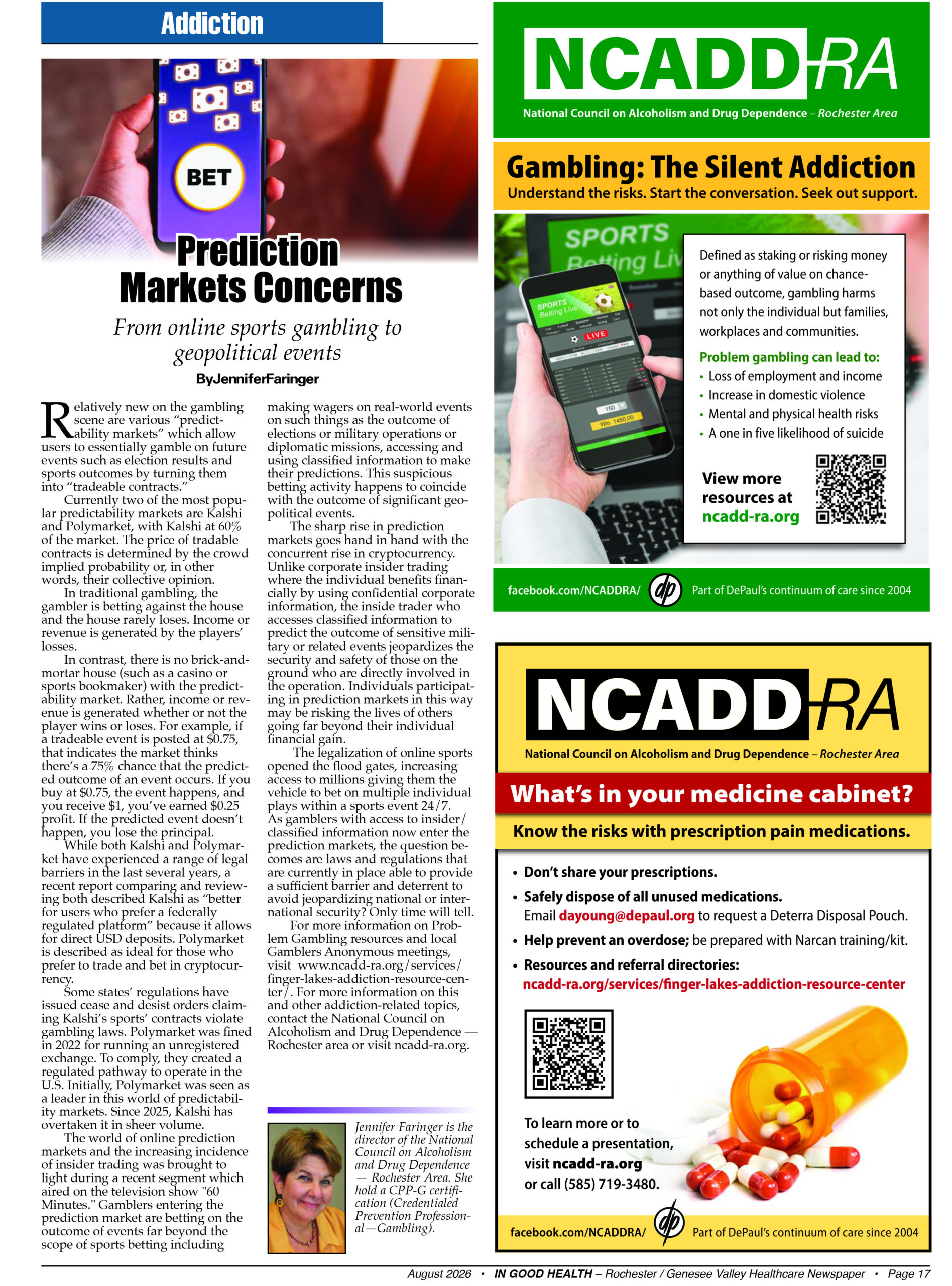 A magazine page discusses prediction markets and gambling addiction, with articles, ads for NCADD resources, and images of a syringe, pill bottle, and a womans photo. The layout uses green, yellow, and purple accents.