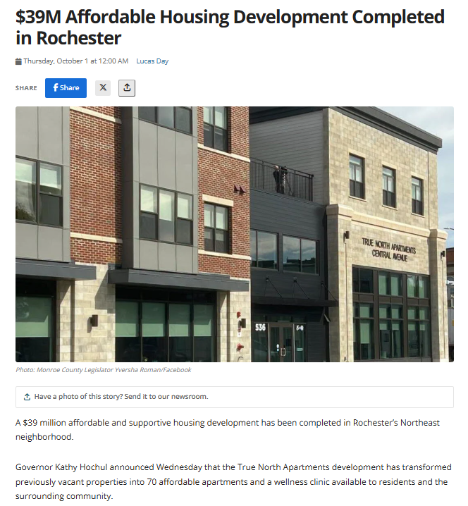 A modern apartment building with brick and beige siding, labeled True North Apartments Central Avenue, is shown. The article headline announces the completion of a $39M affordable housing project in Rochester.