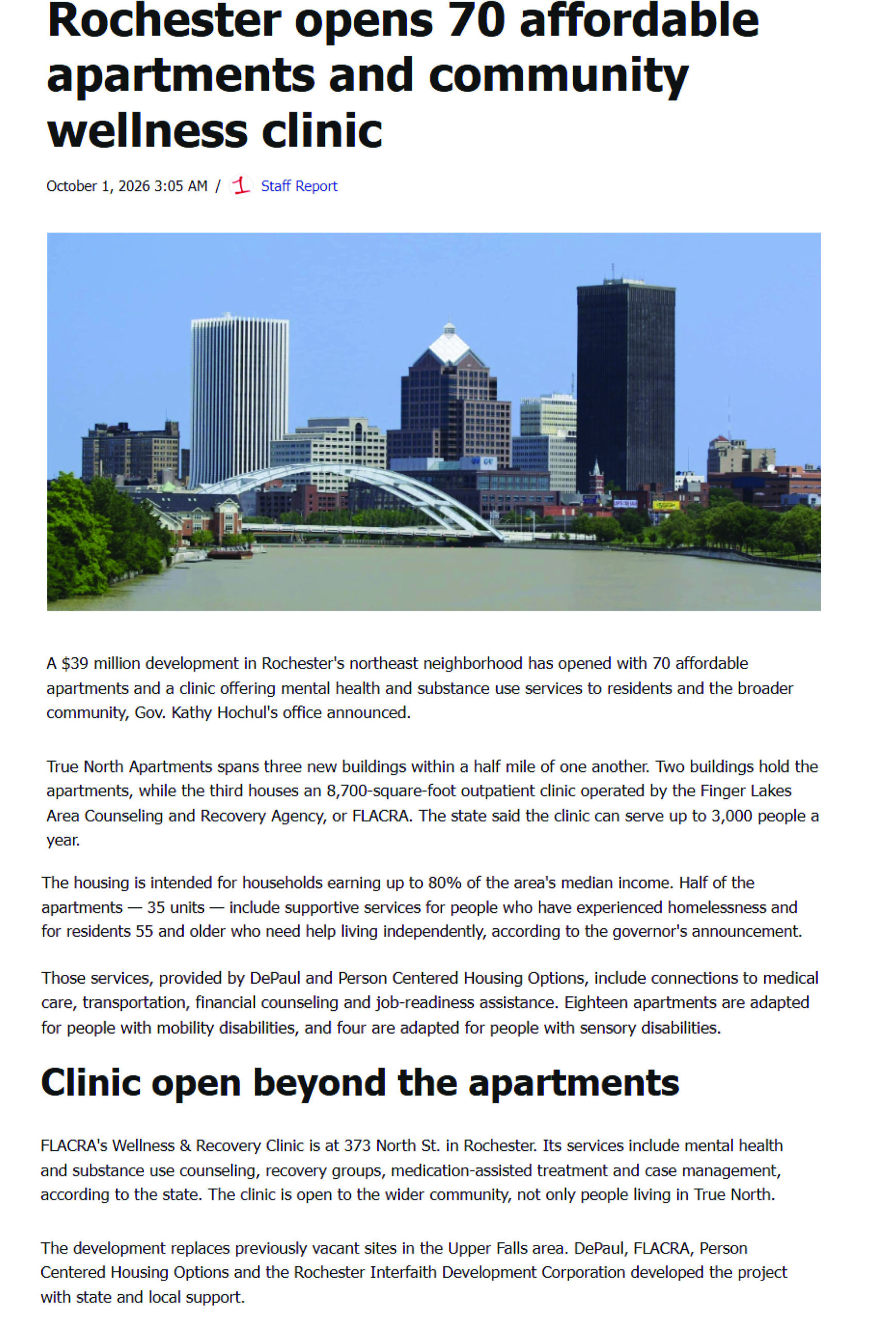 A news article with the headline Rochester opens 70 affordable apartments and community wellness clinic, a cityscape photo, and several paragraphs about the housing project and its services.