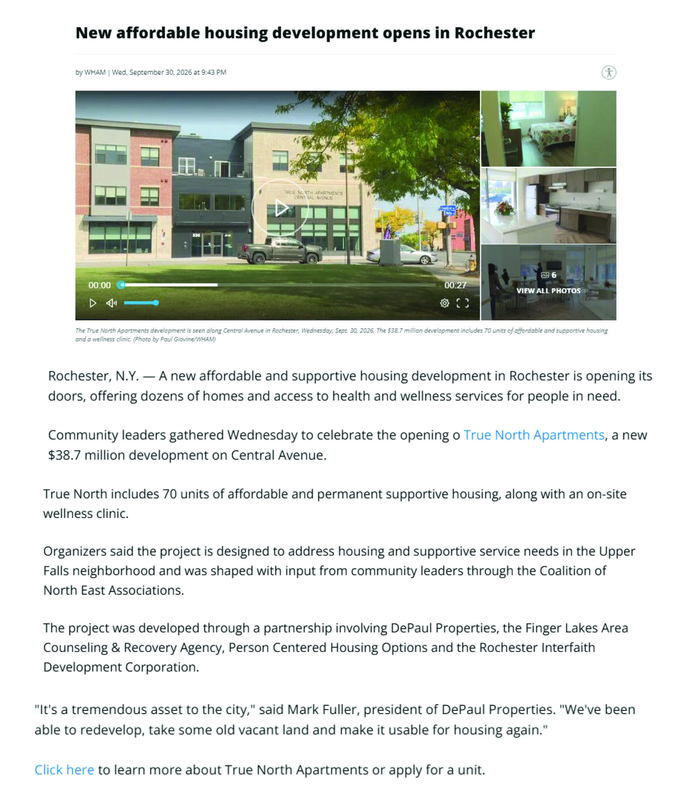 Screenshot of a news article about a new affordable housing development in Rochester, featuring images of the apartment complex and common areas. The article discusses the opening of True North Apartments.
